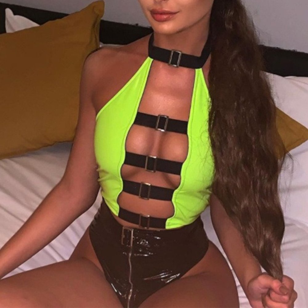 Green PU Leather Halter Rave Top